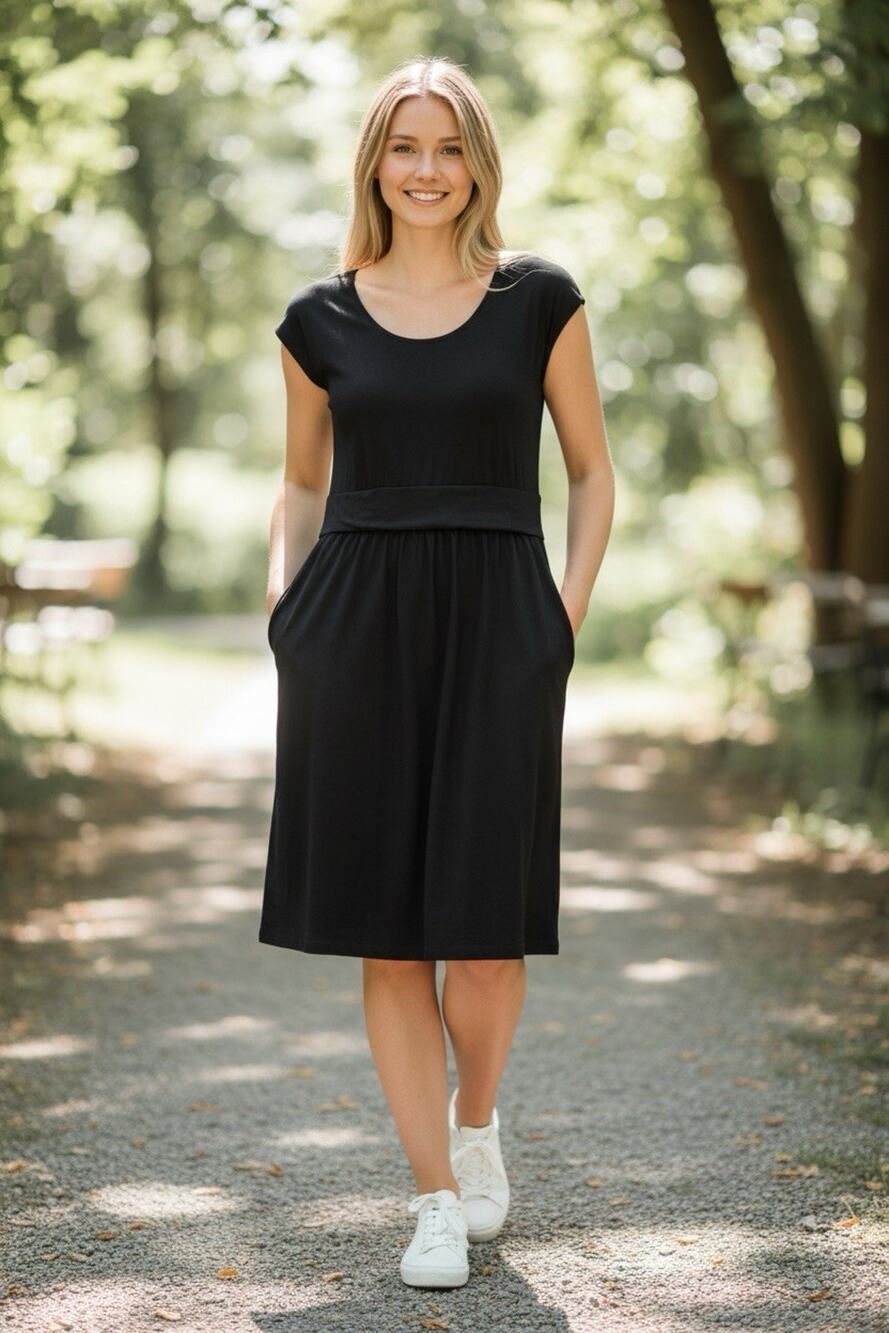 Boden Women's Black Fit & Flare Dress Cap Sleeve Pockets 14R Basic Versatile